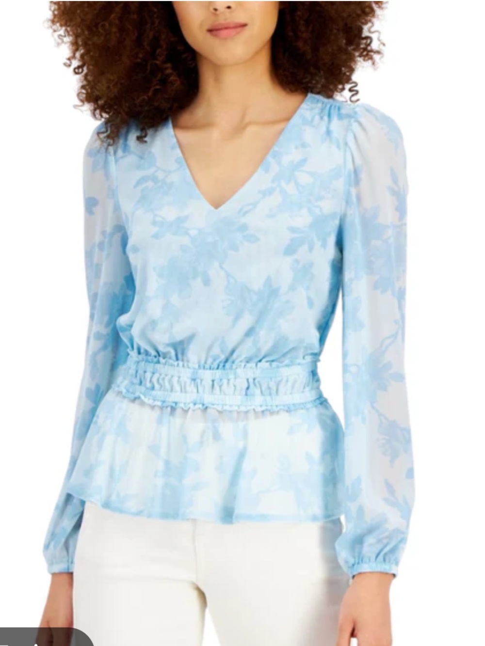 INC Blue Floral Mesh Long Sleeve V-Neck Blouse Size M